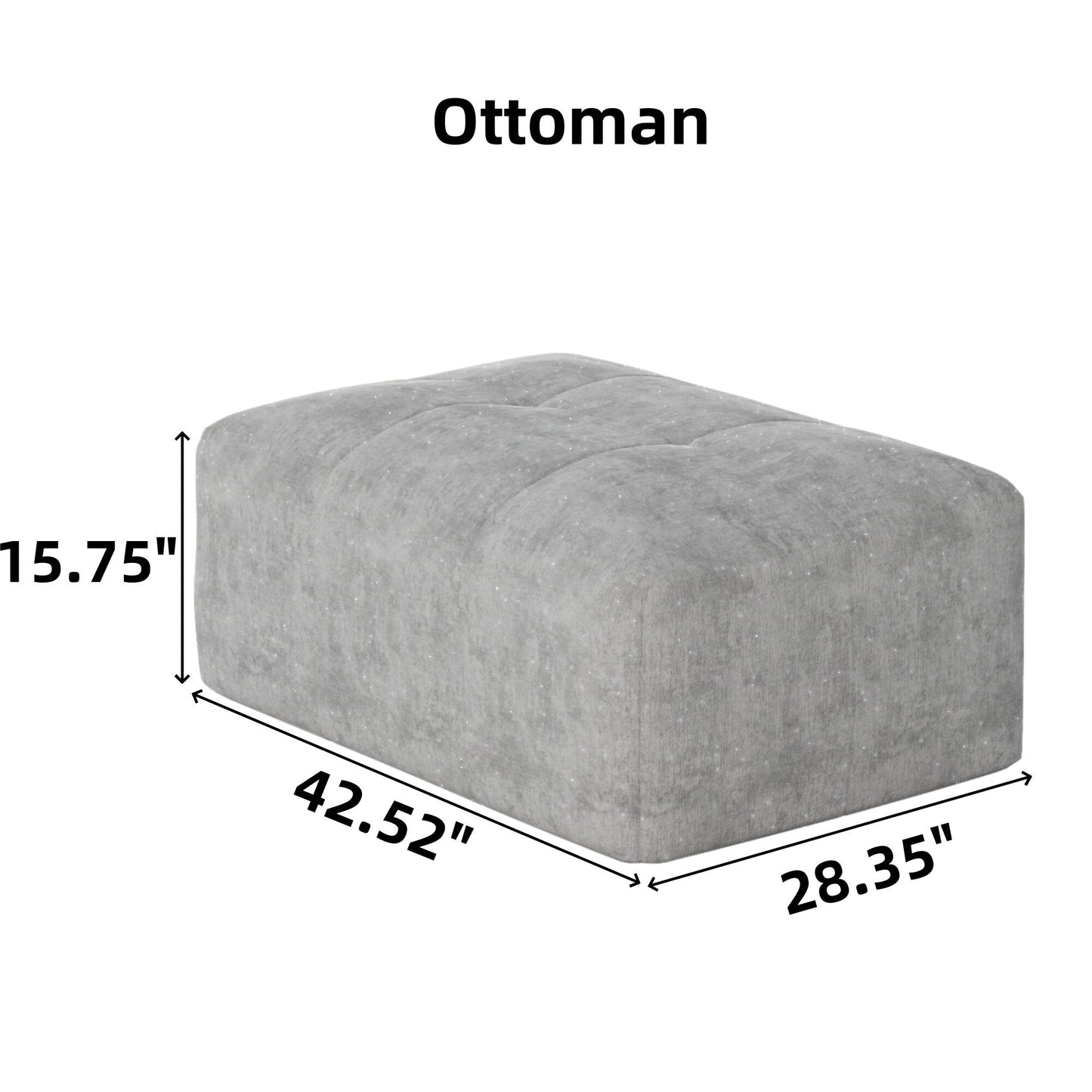 Divano componibile moderno di grandi dimensioni in ciniglia trapuntata con 2 cuscini e pouf per soggiorno