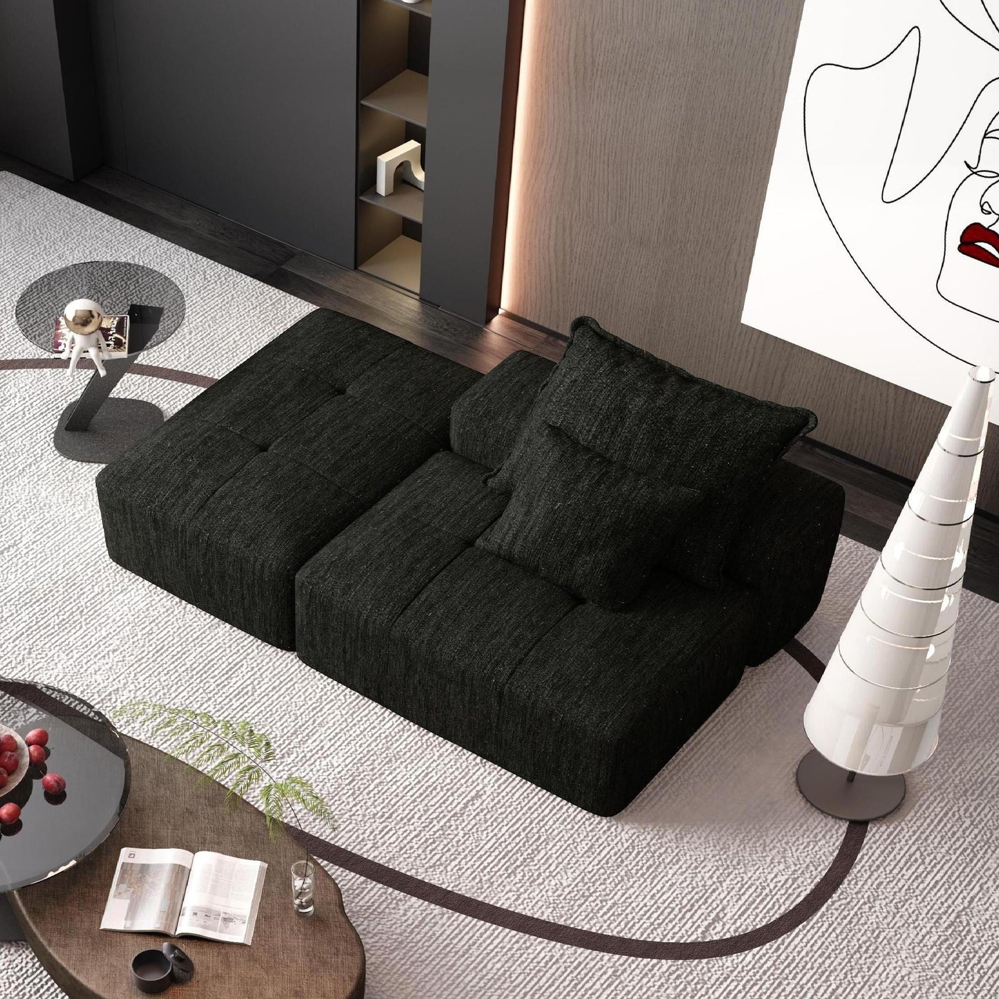 Divano componibile moderno di grandi dimensioni in ciniglia trapuntata con 2 cuscini e pouf per soggiorno