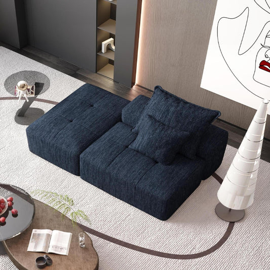 Divano componibile moderno di grandi dimensioni in ciniglia trapuntata con 2 cuscini e pouf per soggiorno