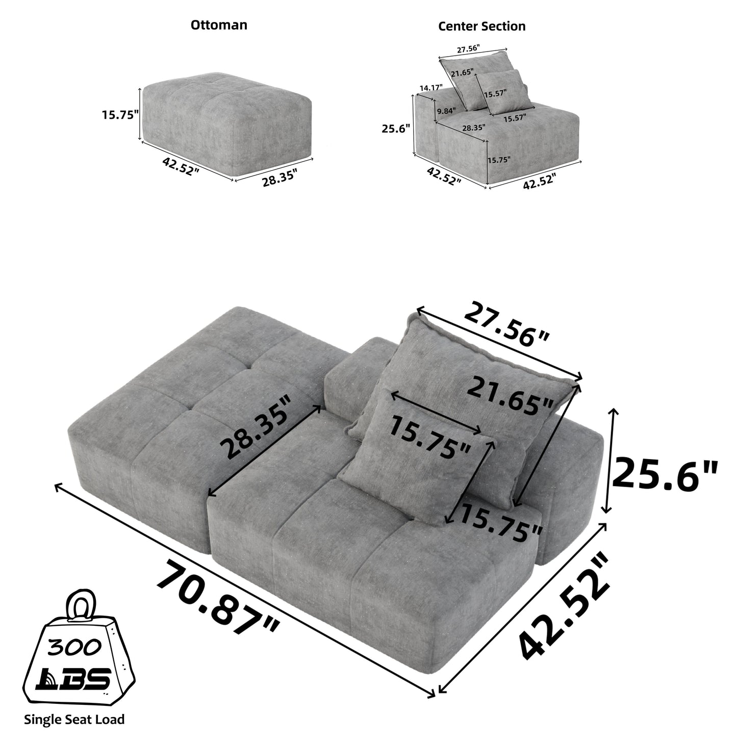 Divano componibile moderno di grandi dimensioni in ciniglia trapuntata con 2 cuscini e pouf per soggiorno