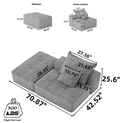 Divano componibile moderno di grandi dimensioni in ciniglia trapuntata con 2 cuscini e pouf per soggiorno