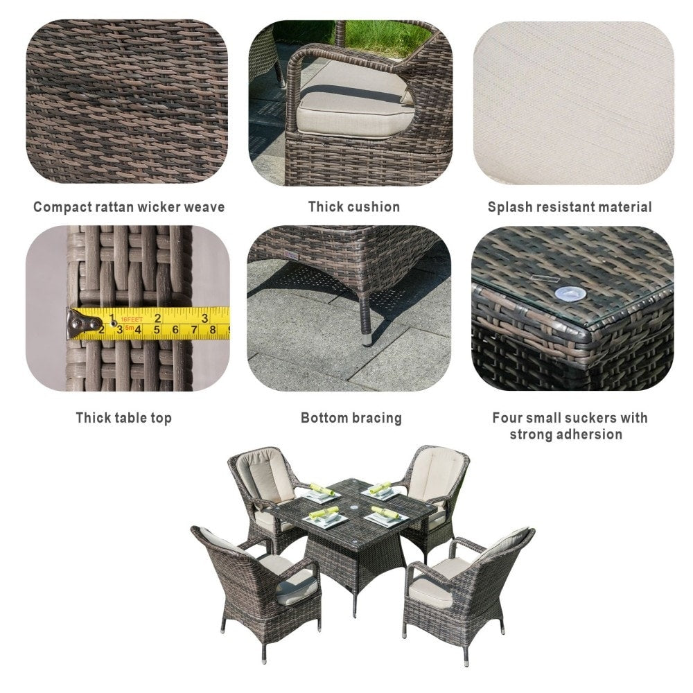 Set da pranzo moderno da patio in alluminio e vimini da 5 pezzi con tavolo con piano in vetro quadrato e 4 sedie