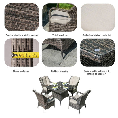 Set da pranzo moderno da patio in alluminio e vimini da 5 pezzi con tavolo con piano in vetro quadrato e 4 sedie