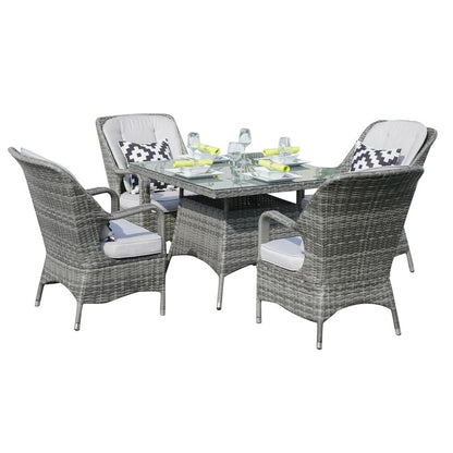Set da pranzo moderno da patio in alluminio e vimini da 5 pezzi con tavolo con piano in vetro quadrato e 4 sedie