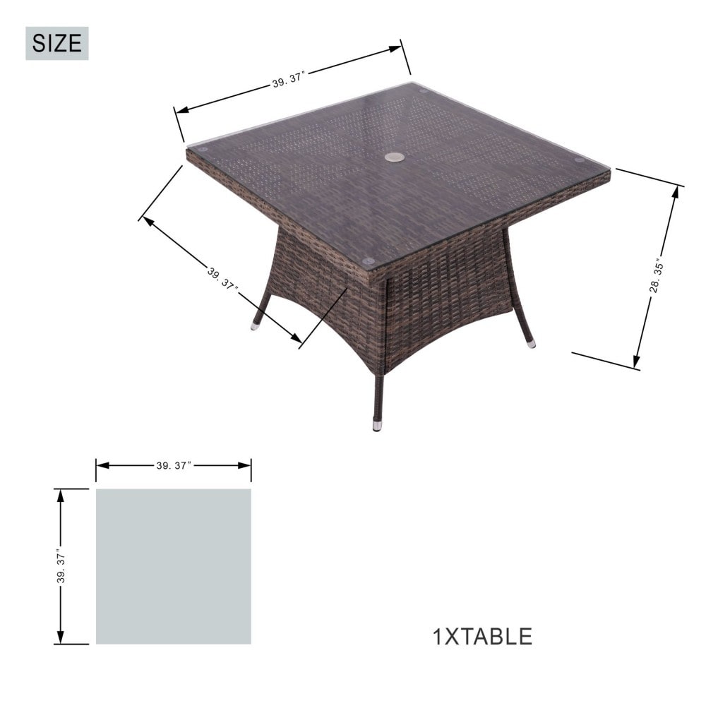 Set da pranzo moderno da patio in alluminio e vimini da 5 pezzi con tavolo con piano in vetro quadrato e 4 sedie