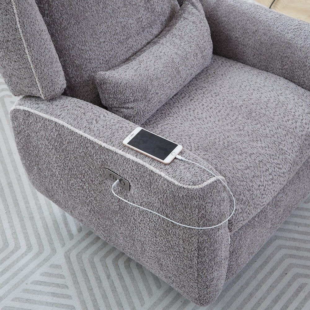 Poltrona reclinabile elettrica moderna, girevole, singola, con rivestimento in tessuto e porta di ricarica USB.