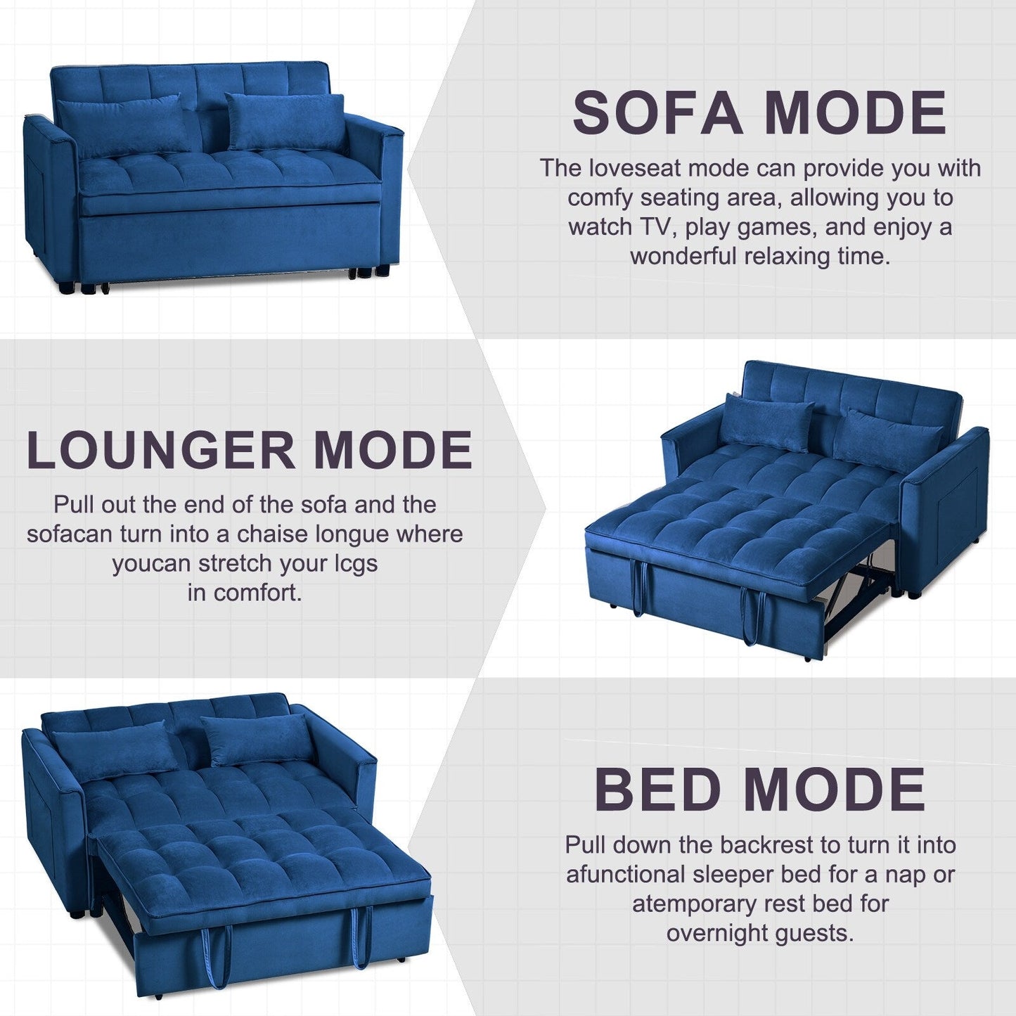 Divano letto moderno estraibile, divano letto 3 in 1 con schienale regolabile, divanetto in velluto, cuscini e tasche laterali