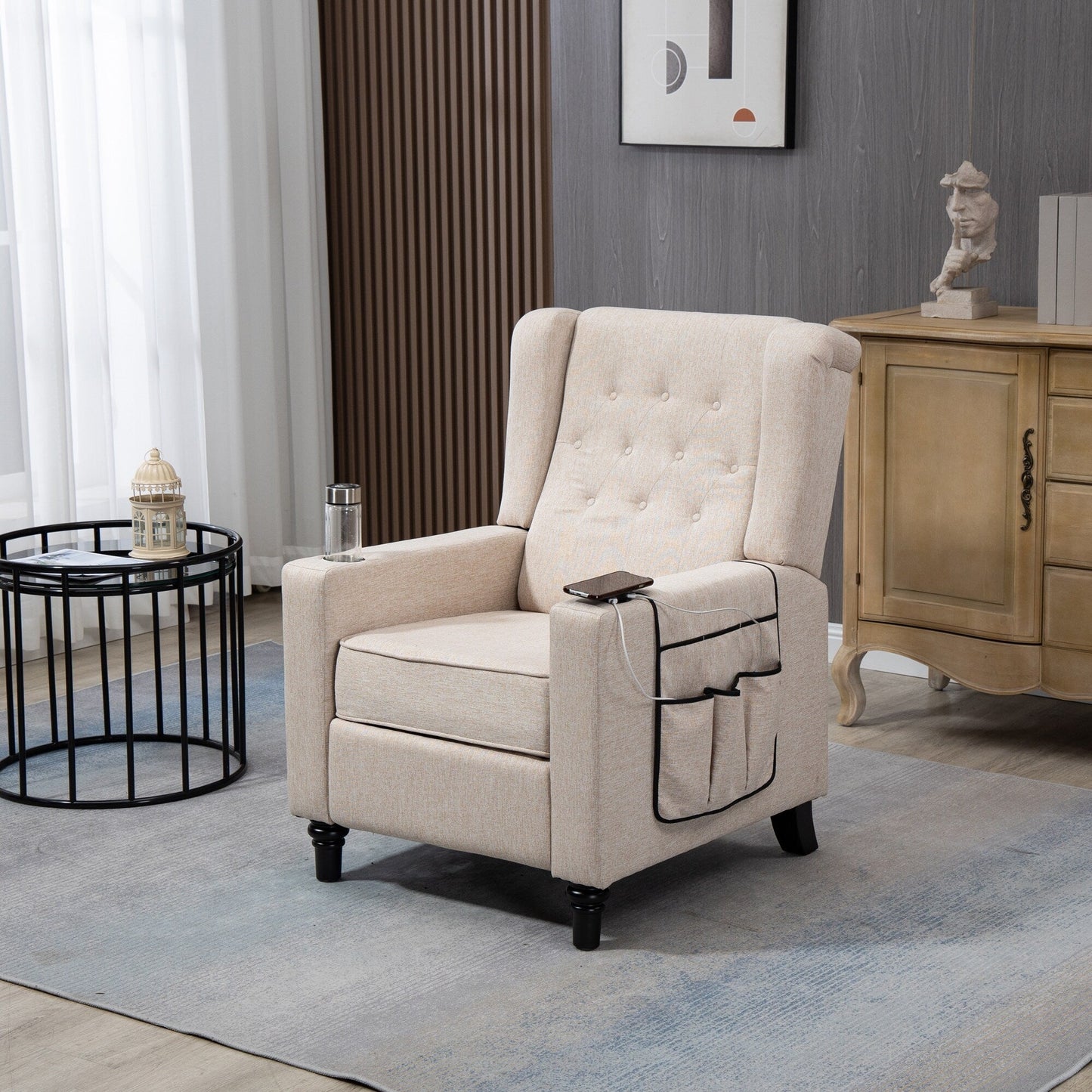 Poltrona reclinabile manuale moderna con schienale a spinta, poltrona da home theater con schienale ad ala, vibrazione e calore