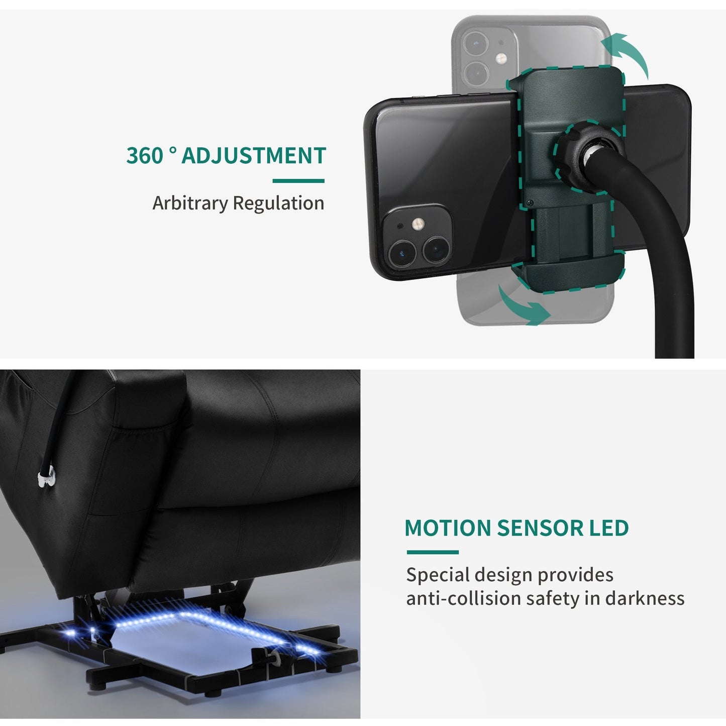 Poltrona reclinabile moderna in tessuto per massaggi con LED e supporto per cellulare