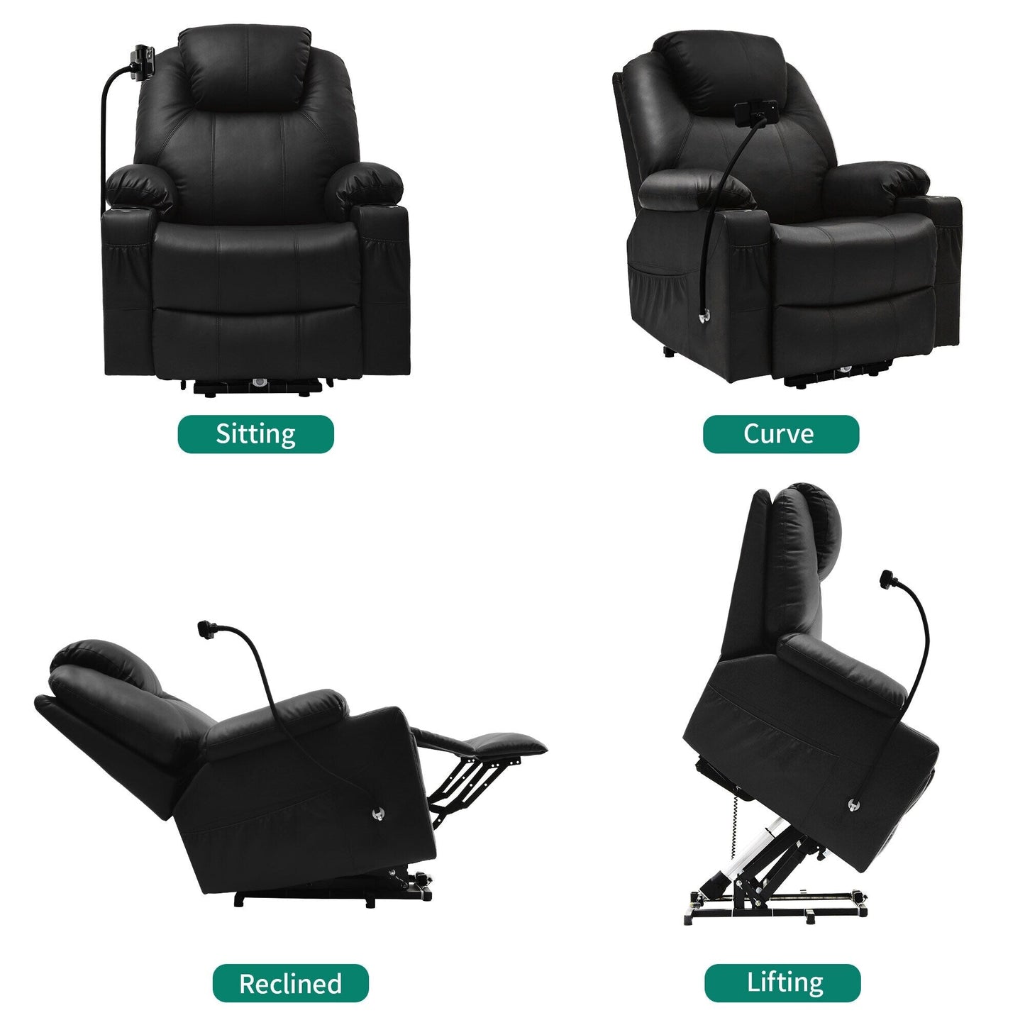 Poltrona reclinabile moderna in tessuto per massaggi con LED e supporto per cellulare