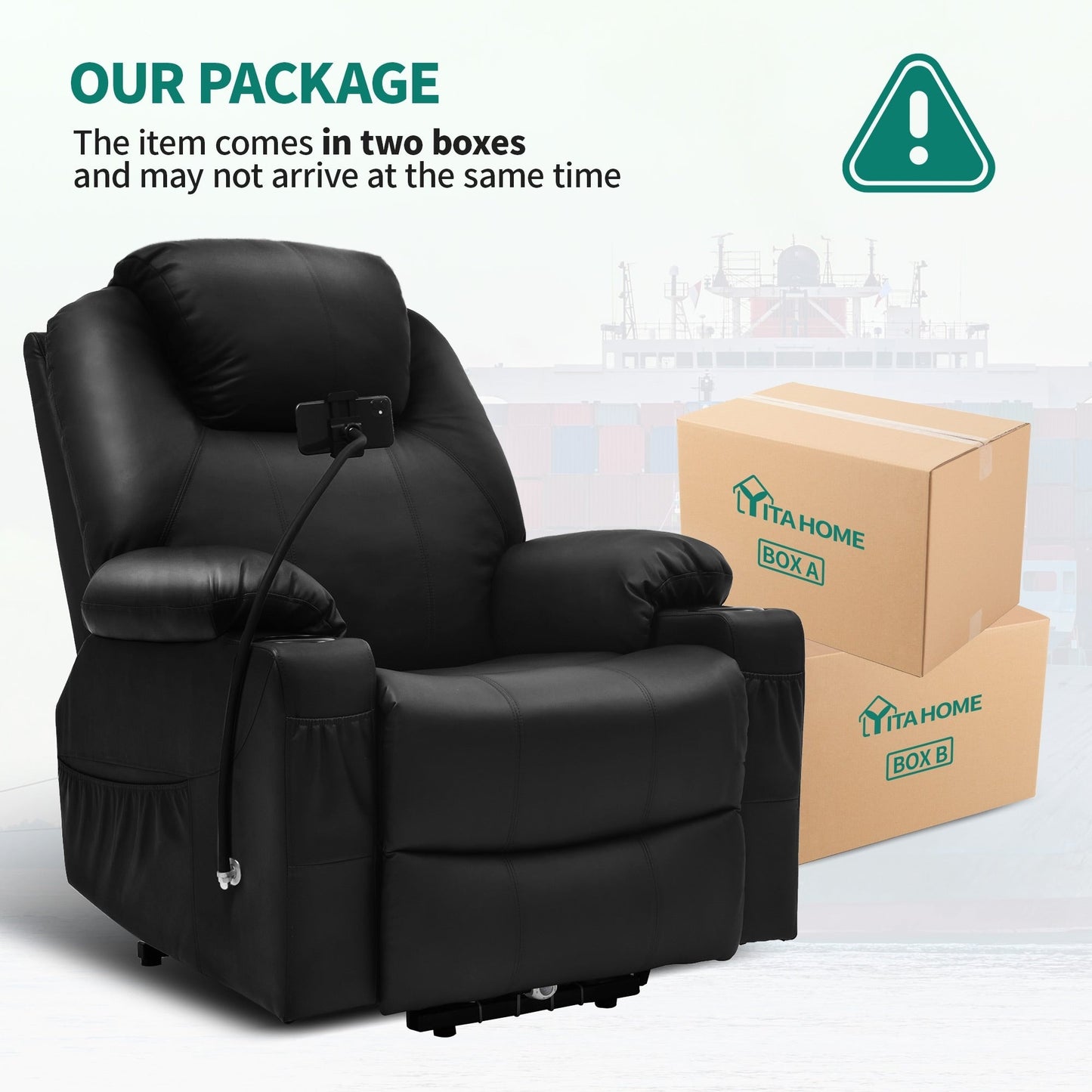 Poltrona reclinabile moderna in tessuto per massaggi con LED e supporto per cellulare