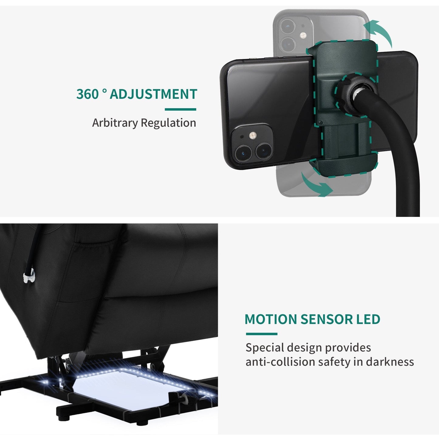 Poltrona reclinabile moderna in tessuto per massaggi con LED e supporto per cellulare