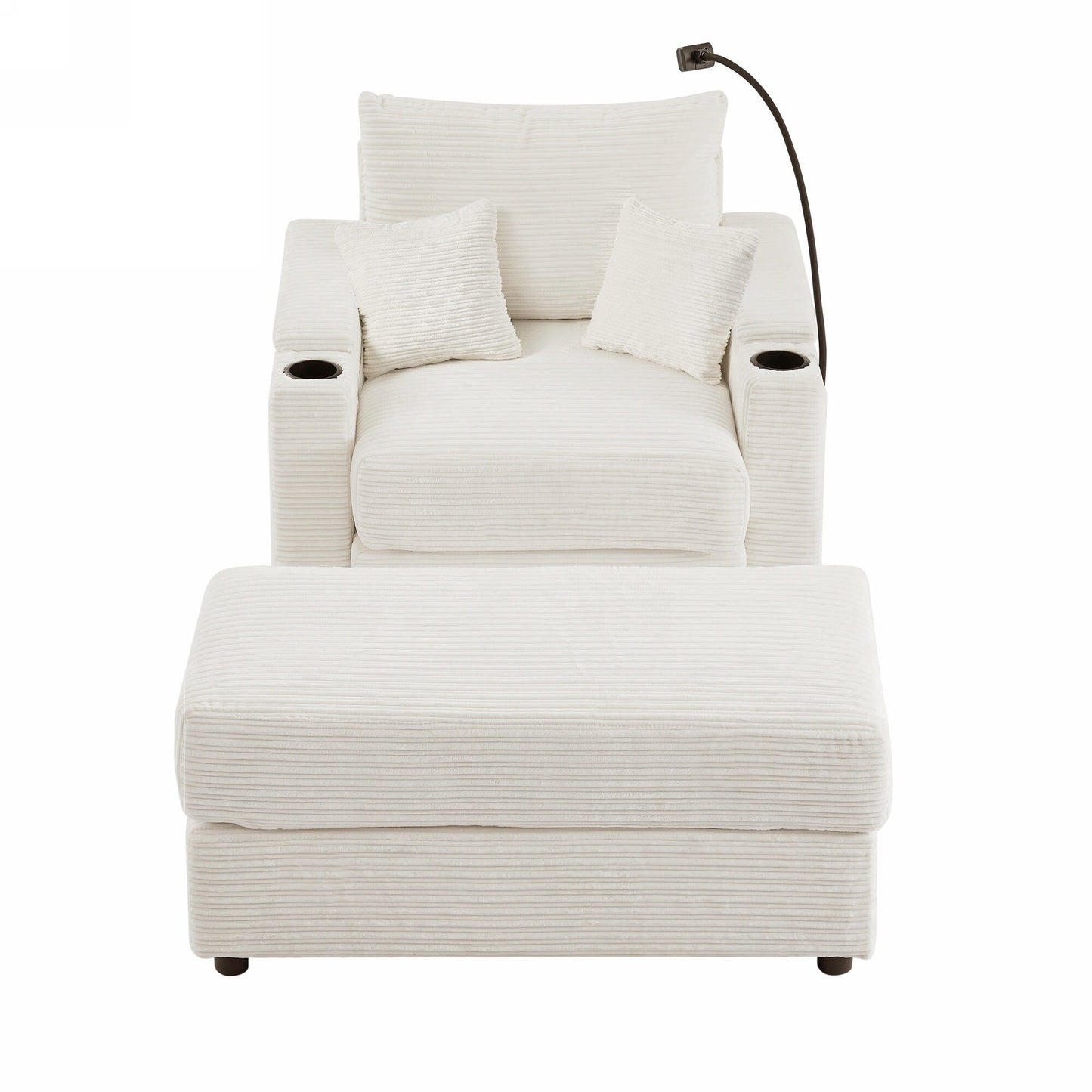 Divano singolo moderno con pouf mobile, spazio nascosto, porte USB, portabicchieri e porta telefono per il soggiorno