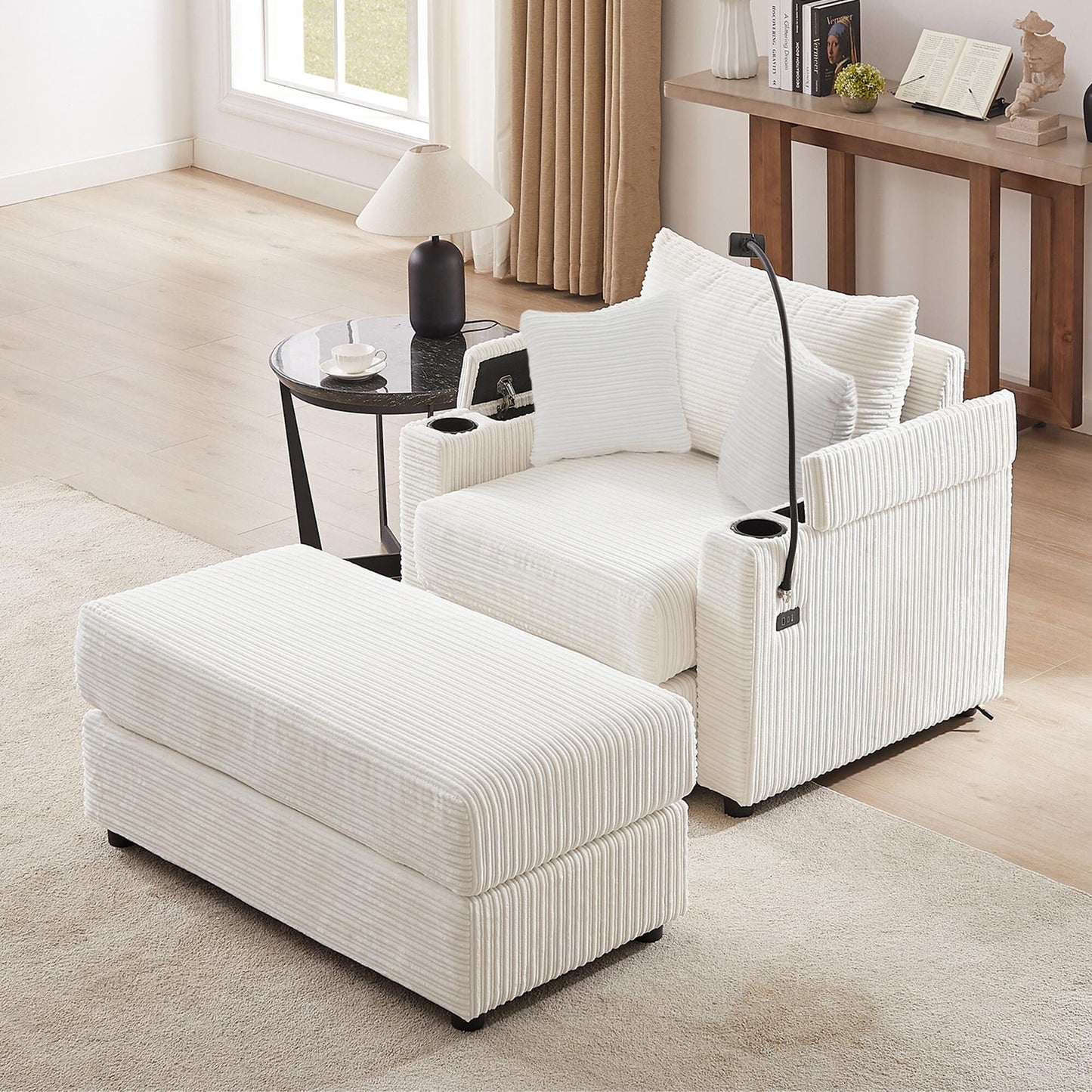 Divano singolo moderno con pouf mobile, spazio nascosto, porte USB, portabicchieri e porta telefono per il soggiorno