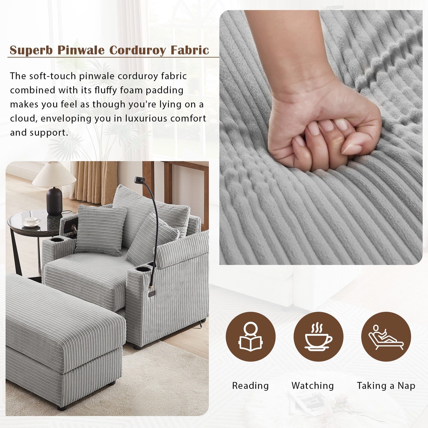 Divano singolo moderno con pouf mobile, spazio nascosto, porte USB, portabicchieri e porta telefono per il soggiorno