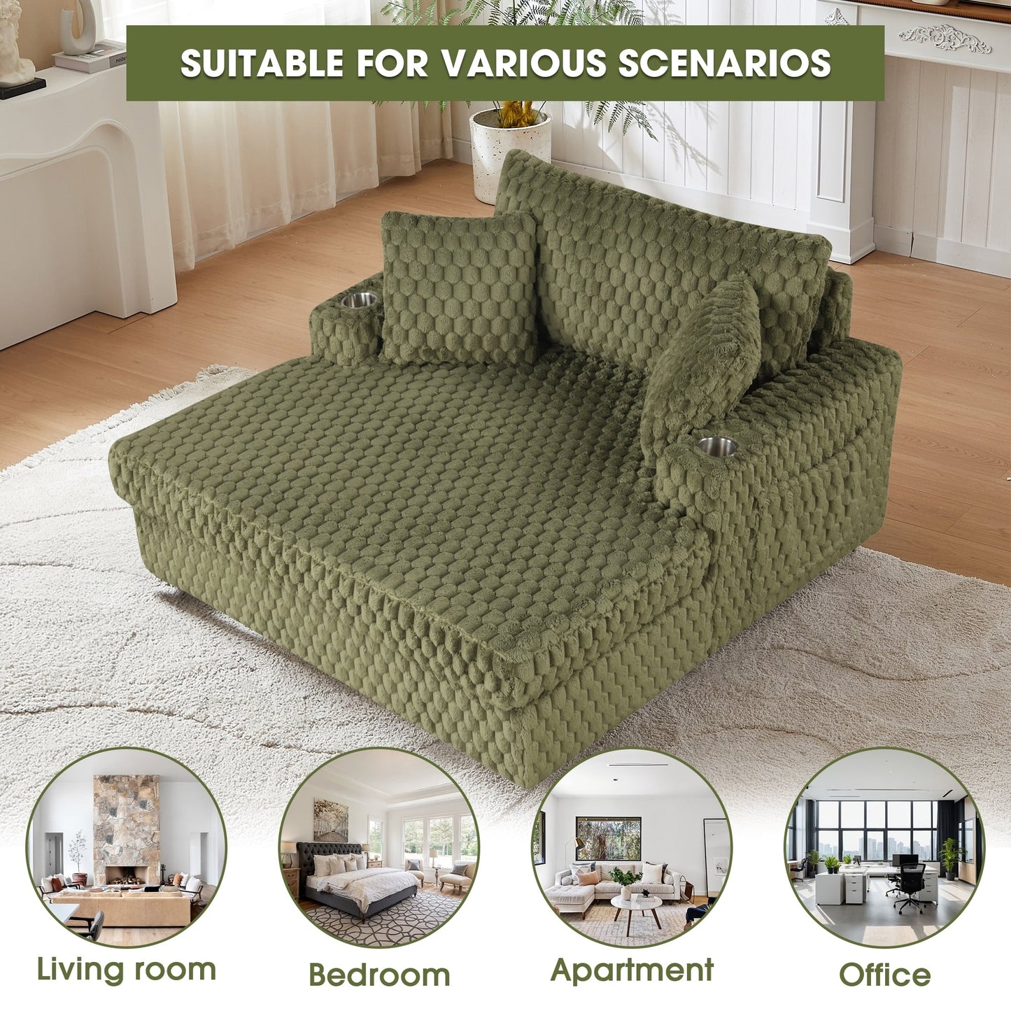 Divano letto moderno e morbido per interni con chaise longue e cuscini