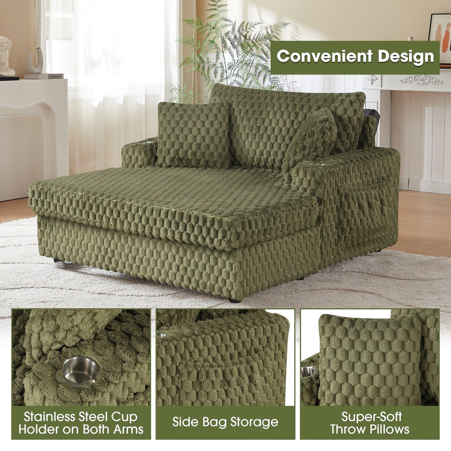 Divano letto moderno e morbido per interni con chaise longue e cuscini