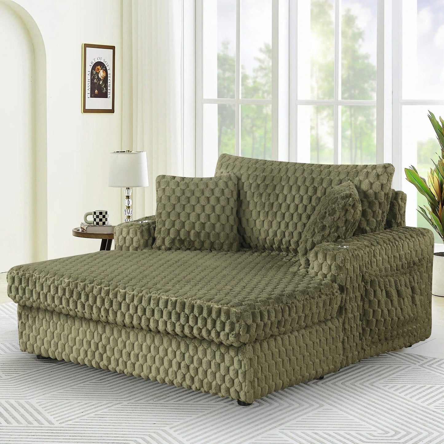 Divano letto moderno e morbido per interni con chaise longue e cuscini