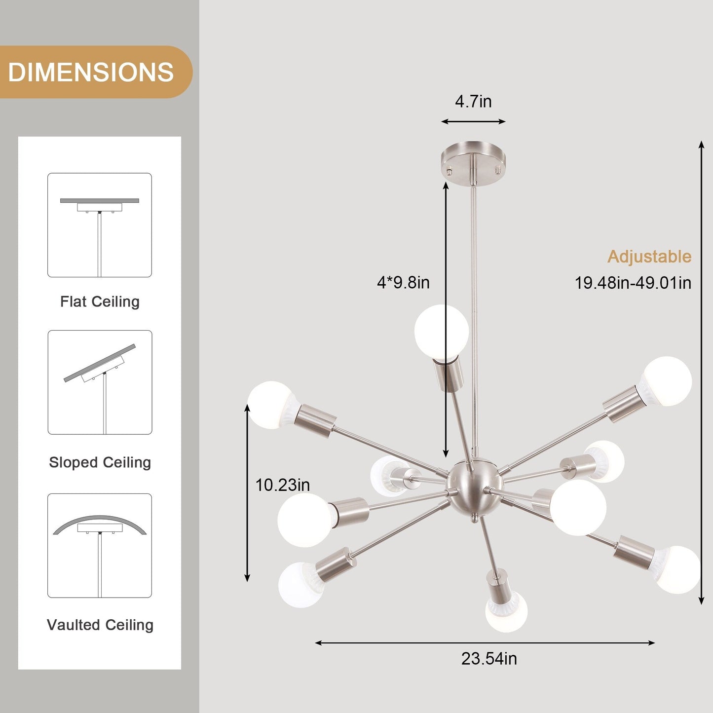 Lampadario moderno Sputnik a 10 luci, plafoniera regolabile per cucina, sala da pranzo, soggiorno, camera da letto - N/D