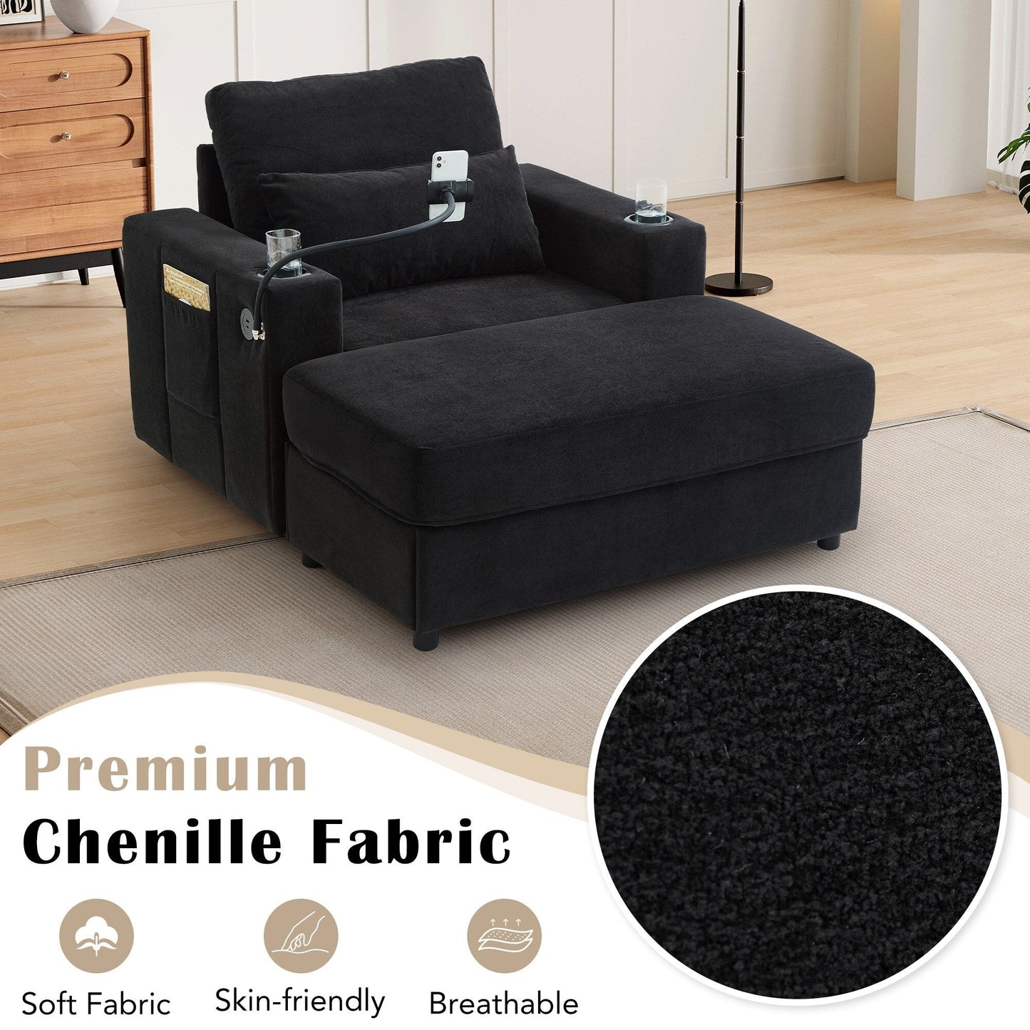 Poltrona in stile moderno, 42,5 cm, divano con chaise longue, pouf contenitore mobile, due porte USB, due portabicchieri