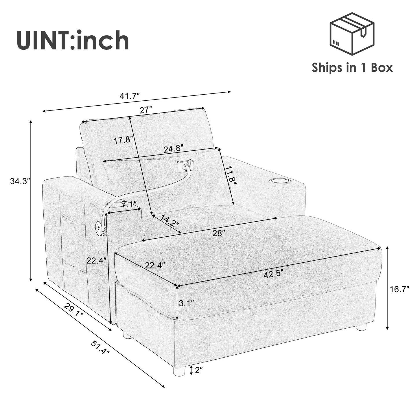 Poltrona in stile moderno, 42,5 cm, divano con chaise longue, pouf contenitore mobile, due porte USB, due portabicchieri