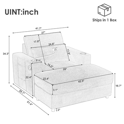 Poltrona in stile moderno, 42,5 cm, divano con chaise longue, pouf contenitore mobile, due porte USB, due portabicchieri