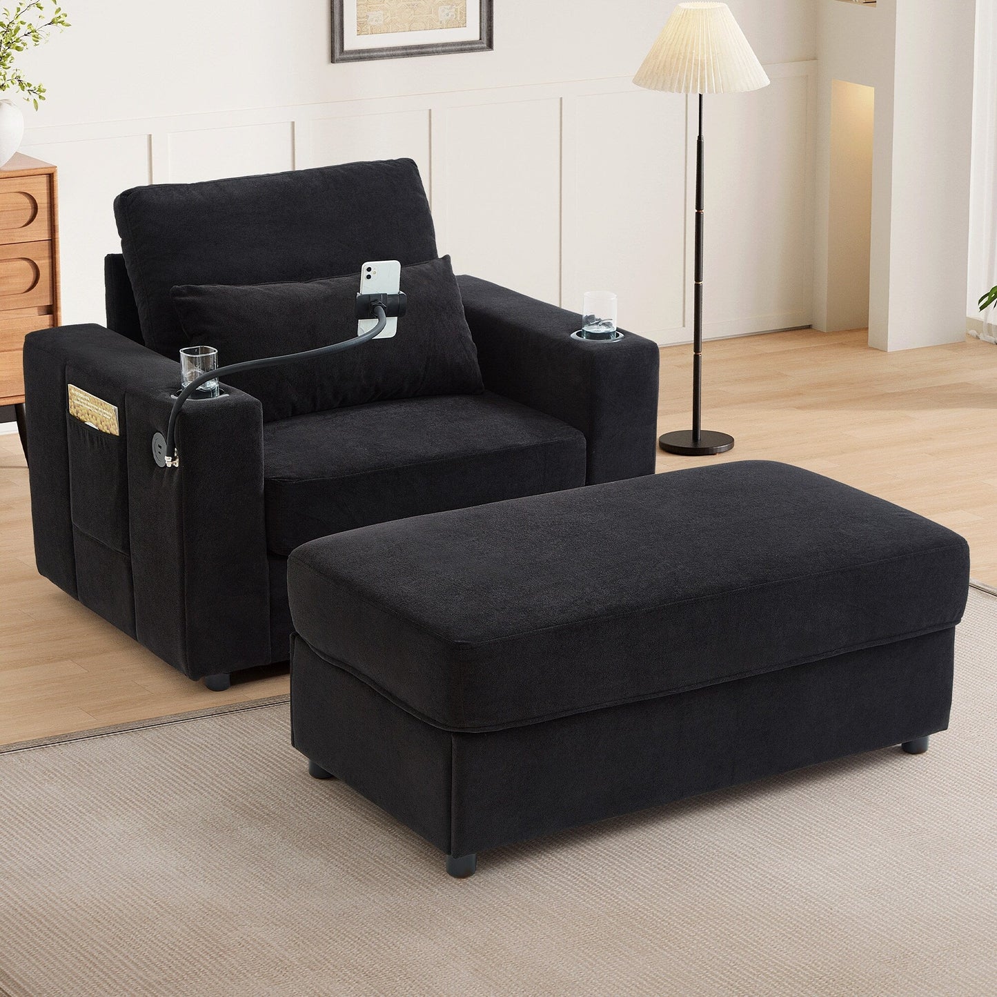 Poltrona in stile moderno, 42,5 cm, divano con chaise longue, pouf contenitore mobile, due porte USB, due portabicchieri