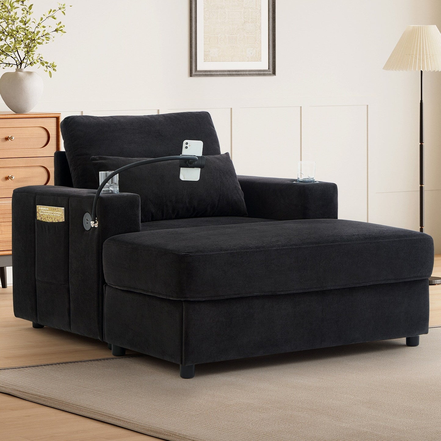 Poltrona in stile moderno, 42,5 cm, divano con chaise longue, pouf contenitore mobile, due porte USB, due portabicchieri