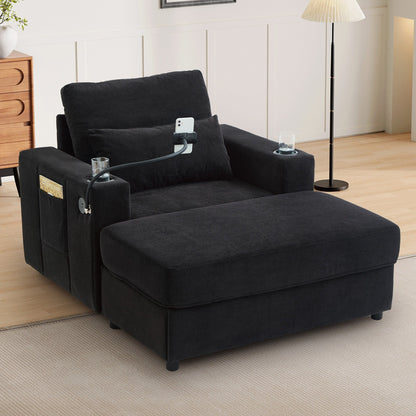 Poltrona in stile moderno, 42,5 cm, divano con chaise longue, pouf contenitore mobile, due porte USB, due portabicchieri
