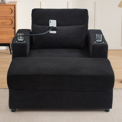 Poltrona in stile moderno, 42,5 cm, divano con chaise longue, pouf contenitore mobile, due porte USB, due portabicchieri