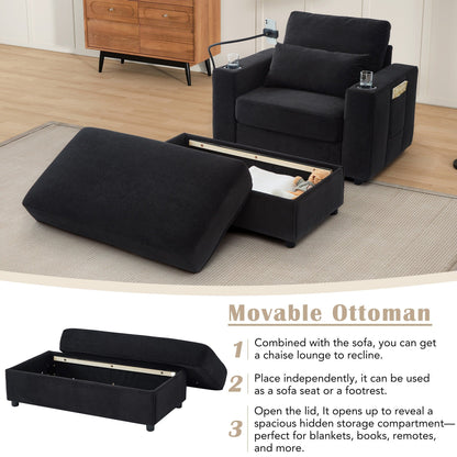 Poltrona in stile moderno, 42,5 cm, divano con chaise longue, pouf contenitore mobile, due porte USB, due portabicchieri