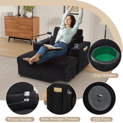 Poltrona in stile moderno, 42,5 cm, divano con chaise longue, pouf contenitore mobile, due porte USB, due portabicchieri