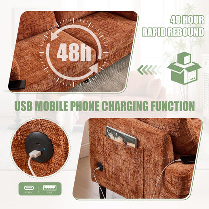 Divano moderno a 2 posti in ciniglia con gambe in legno, luce a LED, porta di ricarica USB e borsa portaoggetti, soggiorno, camera da letto, studio