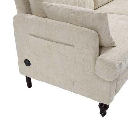 Divano moderno a 2 posti in ciniglia con gambe in legno, luce a LED, porta di ricarica USB e borsa portaoggetti, soggiorno, camera da letto, studio