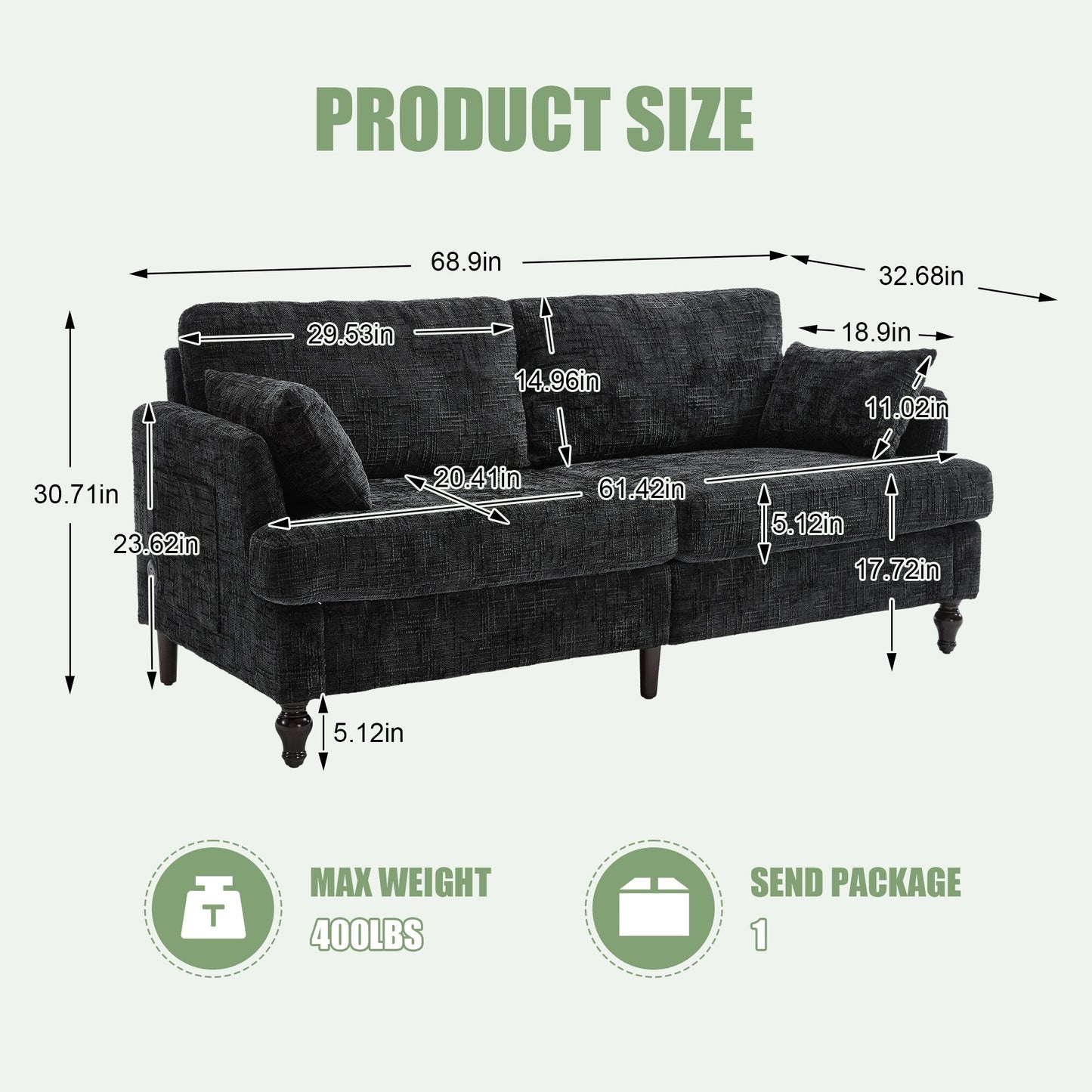 Divano moderno a 2 posti in ciniglia con gambe in legno, luce a LED, porta di ricarica USB e borsa portaoggetti, soggiorno, camera da letto, studio