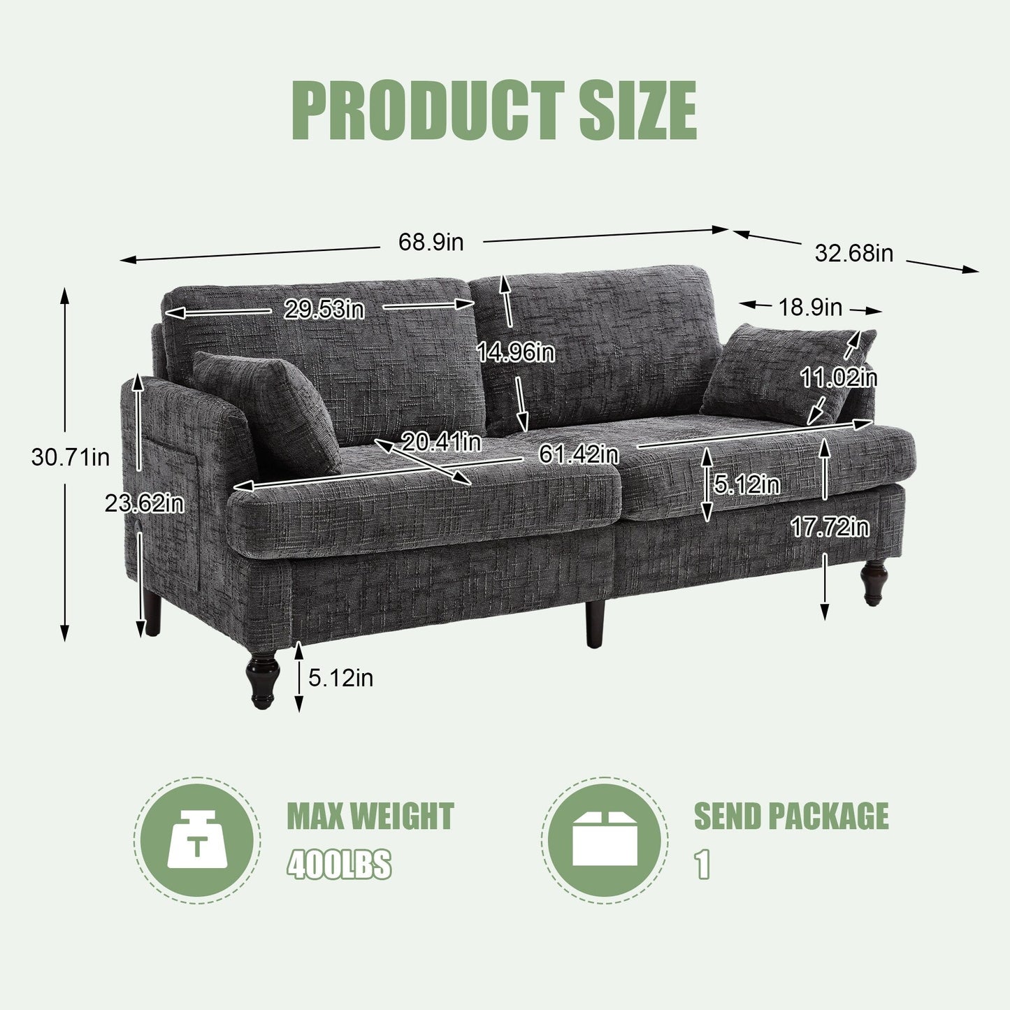 Divano moderno a 2 posti in ciniglia con gambe in legno, luce a LED, porta di ricarica USB e borsa portaoggetti, soggiorno, camera da letto, studio