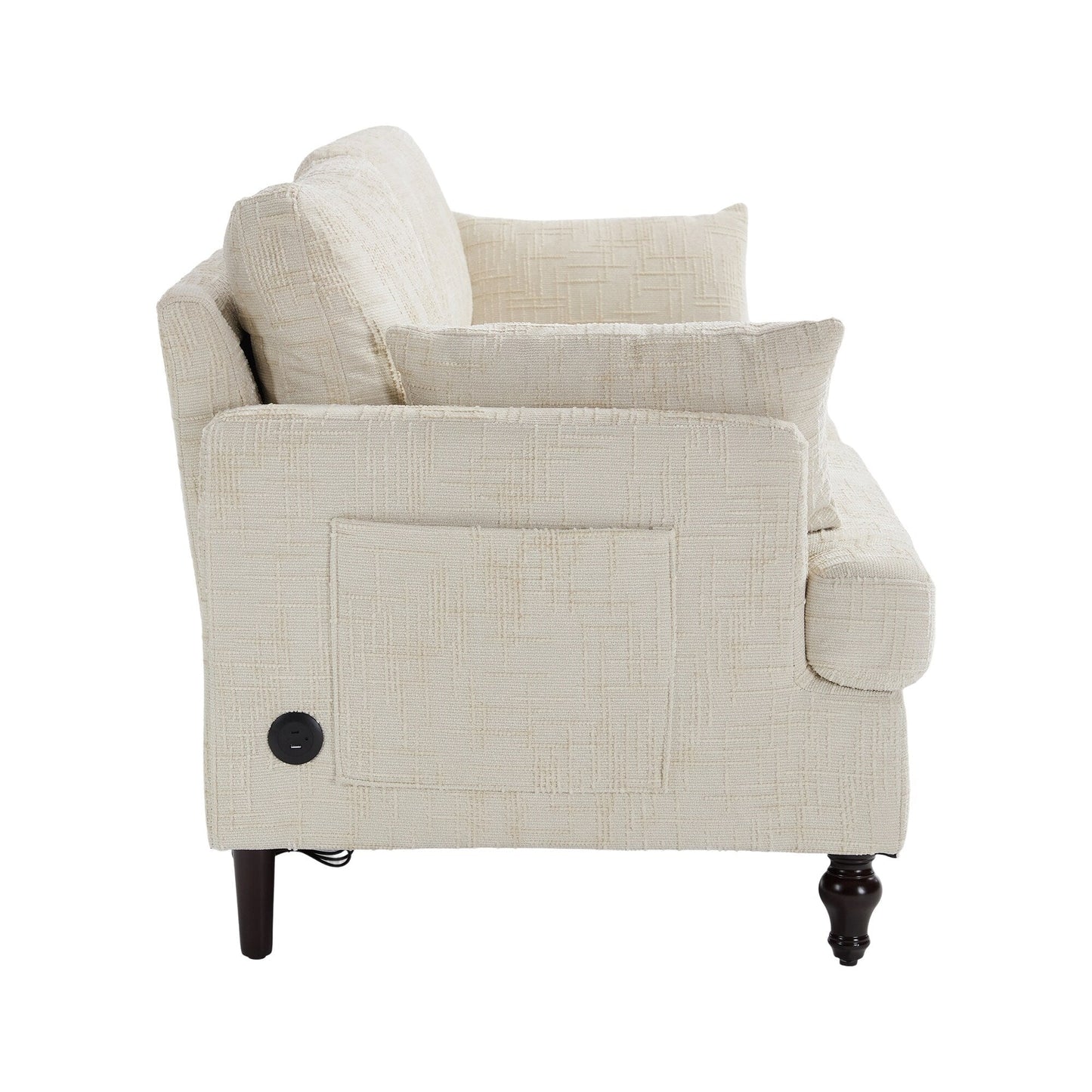 Divano moderno a 2 posti in ciniglia con gambe in legno, luce a LED, porta di ricarica USB e borsa portaoggetti, soggiorno, camera da letto, studio