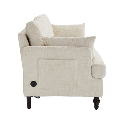 Divano moderno a 2 posti in ciniglia con gambe in legno, luce a LED, porta di ricarica USB e borsa portaoggetti, soggiorno, camera da letto, studio