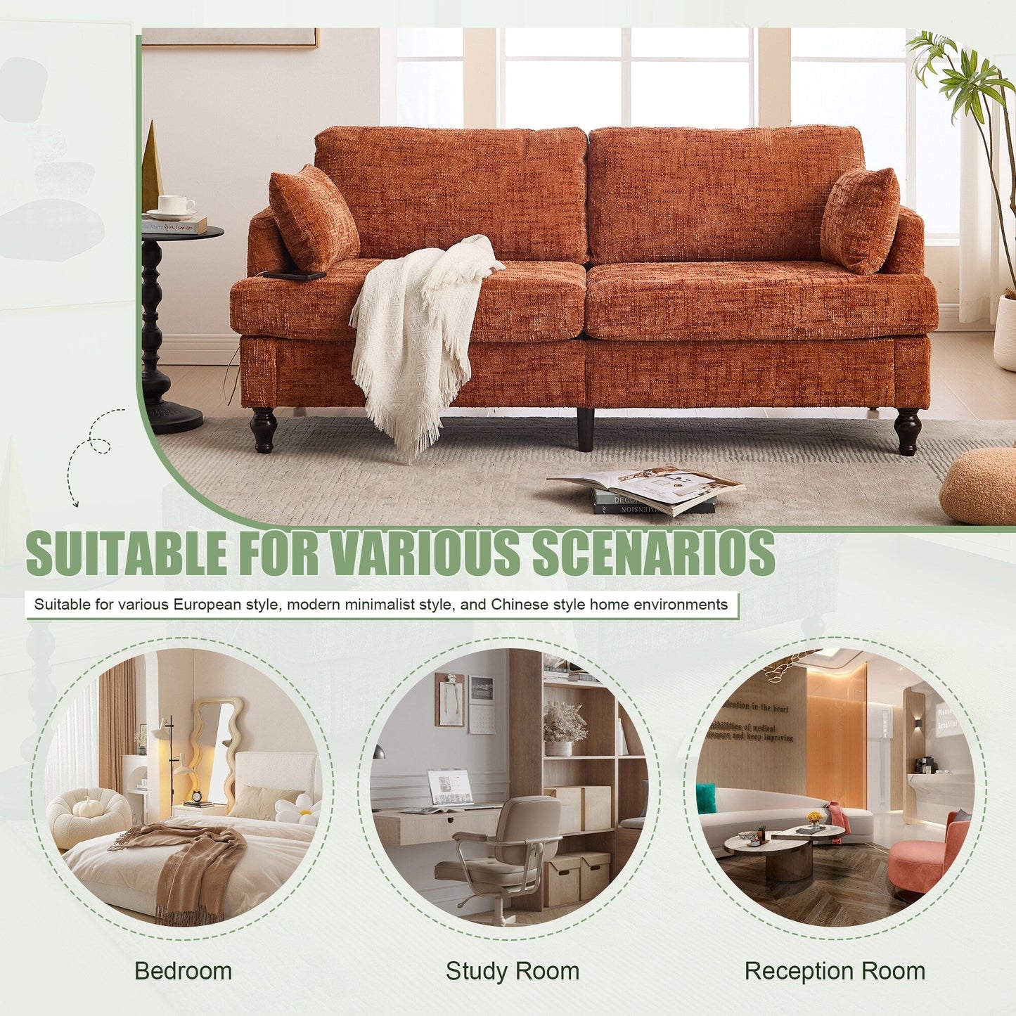 Divano moderno a 2 posti in ciniglia con gambe in legno, luce a LED, porta di ricarica USB e borsa portaoggetti, soggiorno, camera da letto, studio