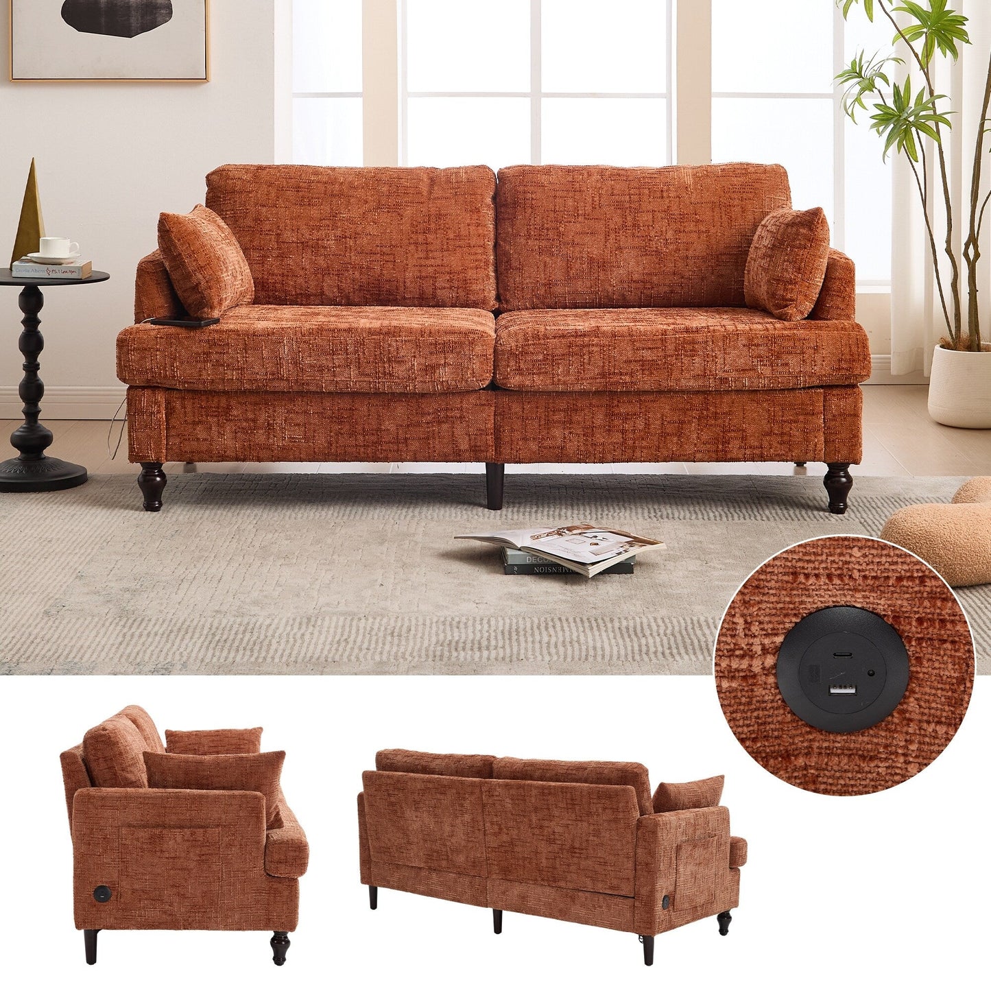 Divano moderno a 2 posti in ciniglia con gambe in legno, luce a LED, porta di ricarica USB e borsa portaoggetti, soggiorno, camera da letto, studio