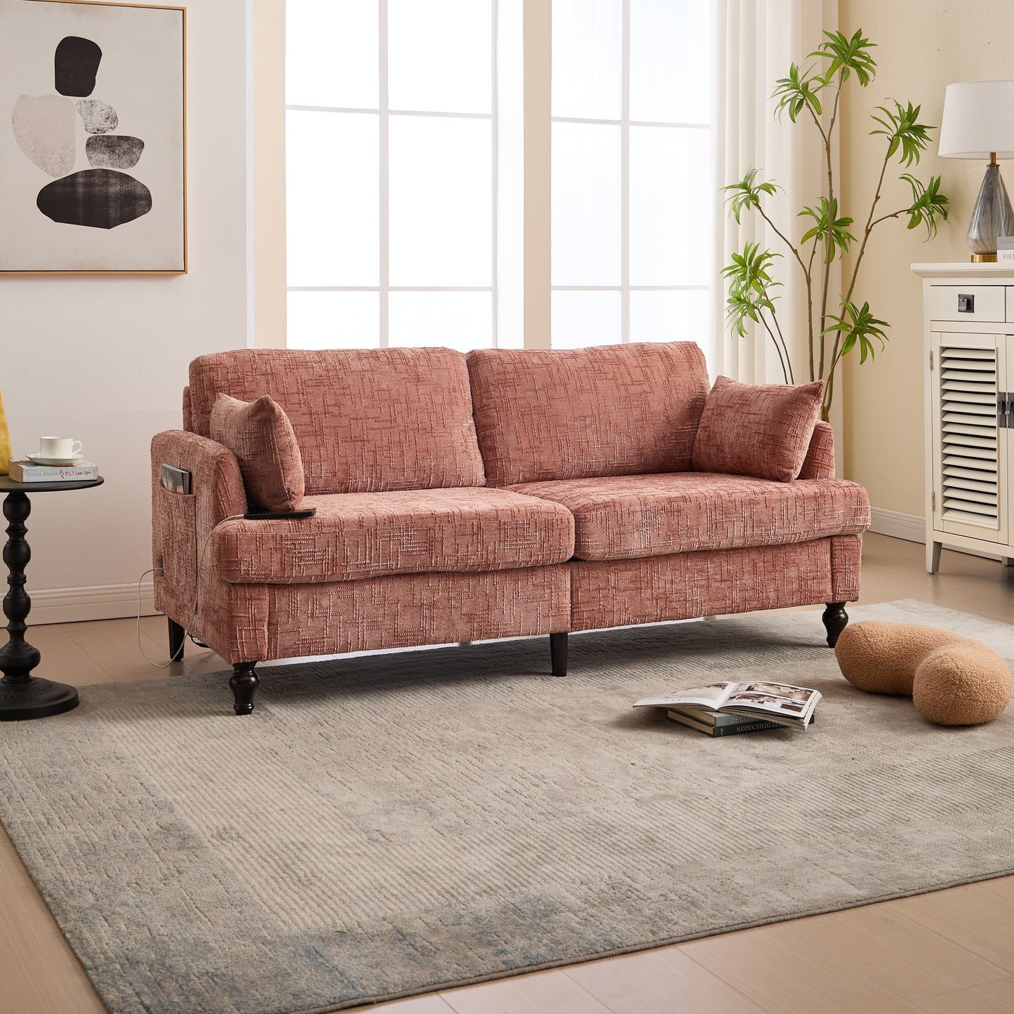 Divano moderno a 2 posti in ciniglia con gambe in legno, luce a LED, porta di ricarica USB e borsa portaoggetti, soggiorno, camera da letto, studio