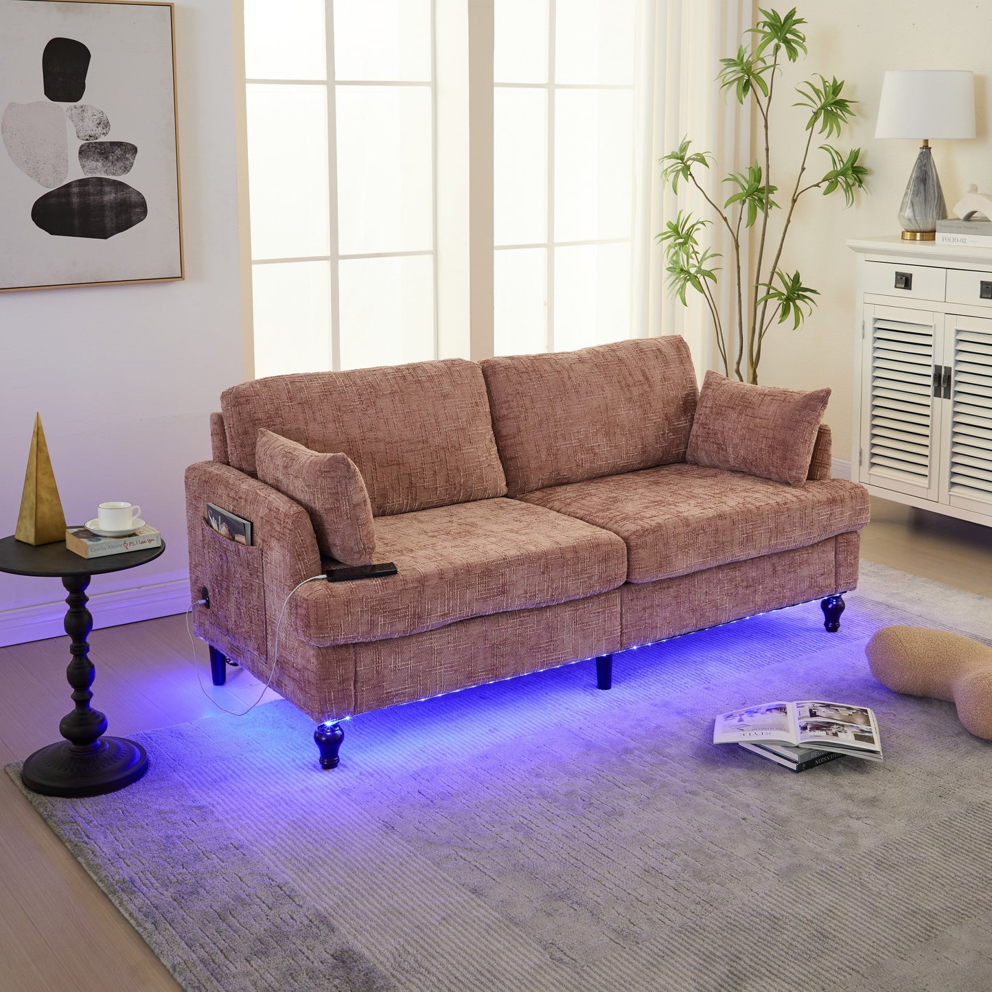 Divano moderno a 2 posti in ciniglia con gambe in legno, luce a LED, porta di ricarica USB e borsa portaoggetti, soggiorno, camera da letto, studio