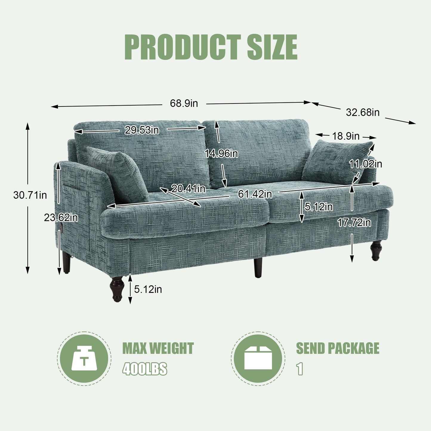 Divano moderno a 2 posti in ciniglia con gambe in legno, luce a LED, porta di ricarica USB e borsa portaoggetti, soggiorno, camera da letto, studio