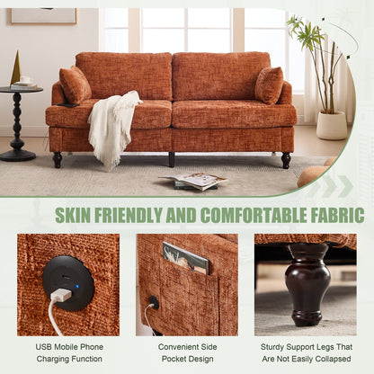 Divano moderno a 2 posti in ciniglia con gambe in legno, luce a LED, porta di ricarica USB e borsa portaoggetti, soggiorno, camera da letto, studio