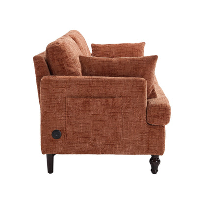 Divano moderno a 2 posti in ciniglia con gambe in legno, luce a LED, porta di ricarica USB e borsa portaoggetti, soggiorno, camera da letto, studio