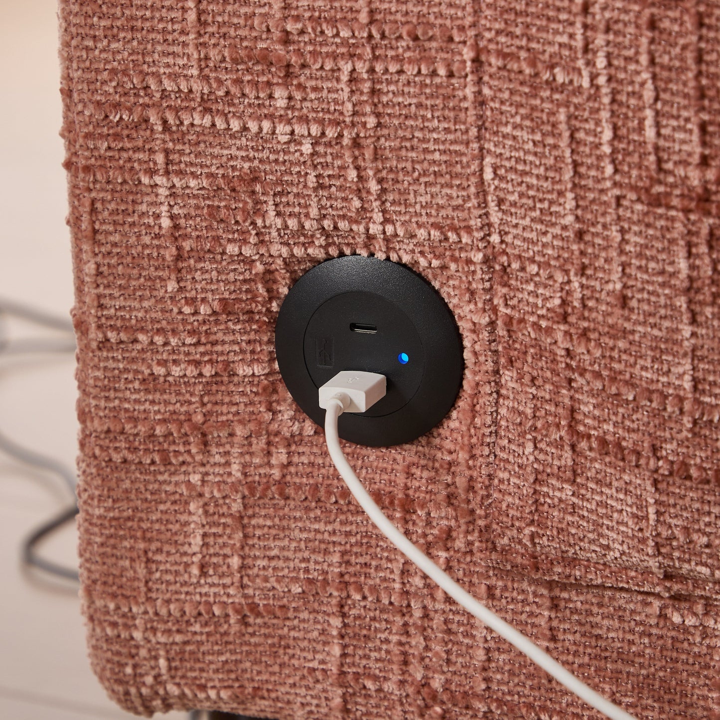 Divano moderno a 2 posti in ciniglia con gambe in legno, luce a LED, porta di ricarica USB e borsa portaoggetti, soggiorno, camera da letto, studio