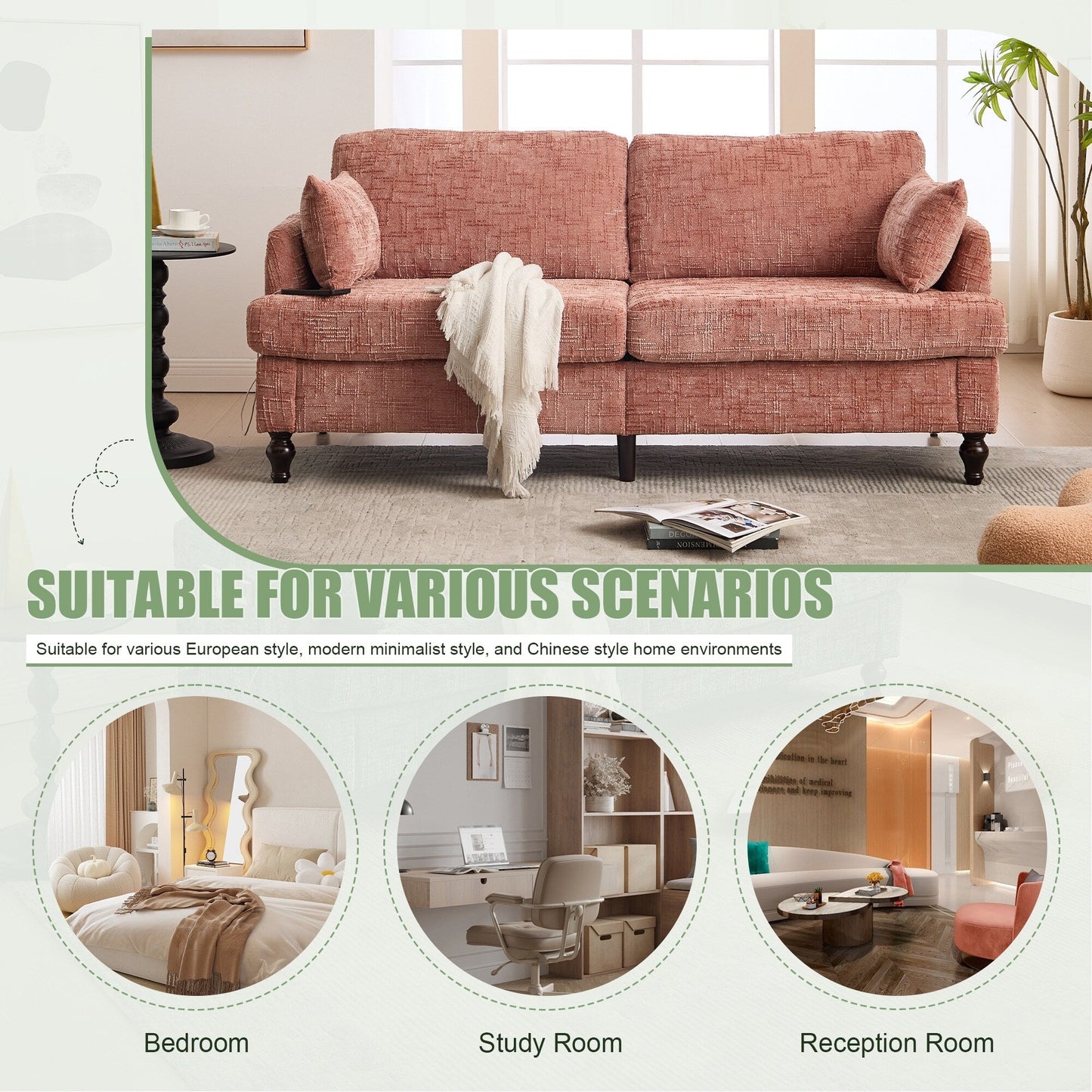 Divano moderno a 2 posti in ciniglia con gambe in legno, luce a LED, porta di ricarica USB e borsa portaoggetti, per soggiorno, camera da letto, studio