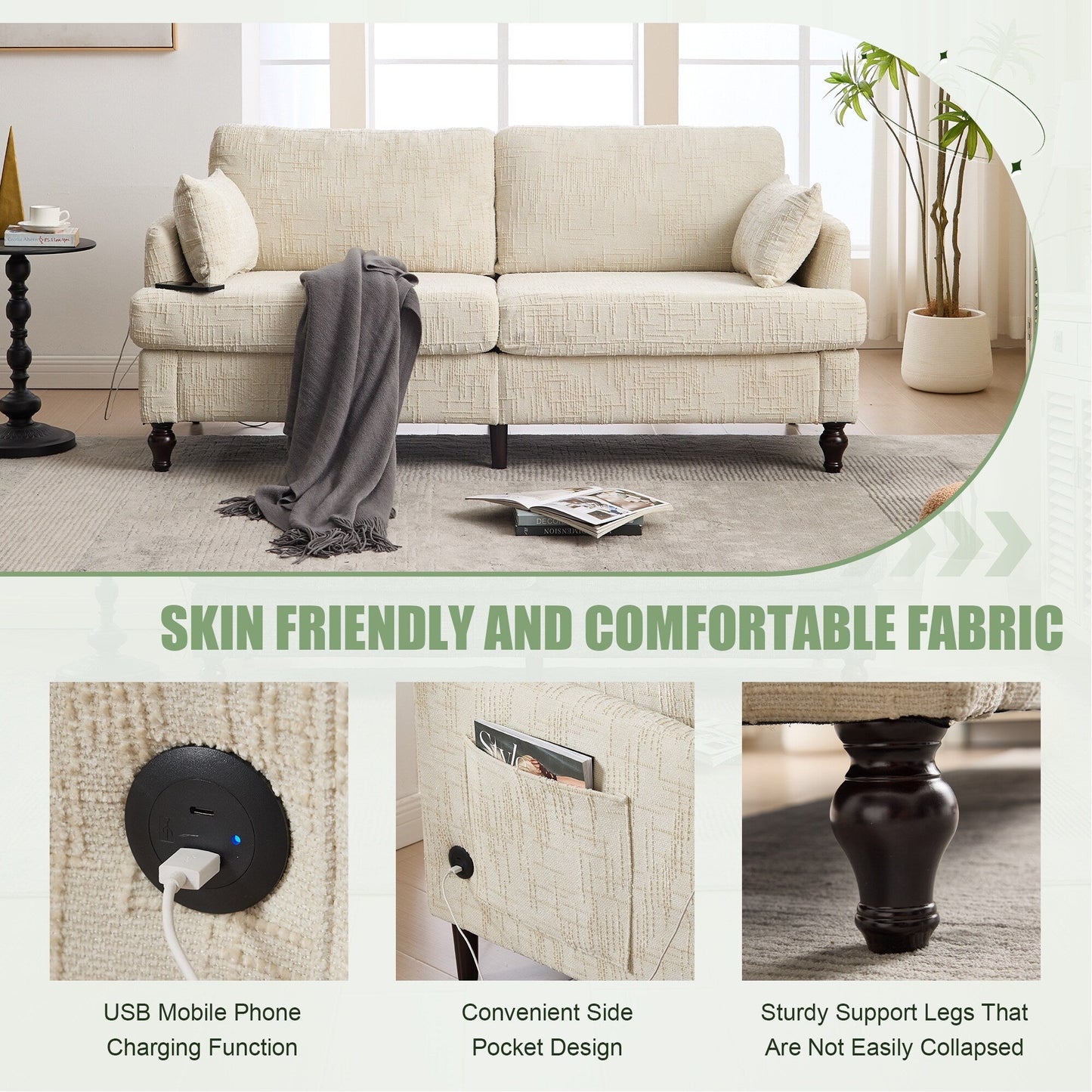 Divano moderno a 2 posti in ciniglia con gambe in legno, luce a LED, porta di ricarica USB e borsa portaoggetti, per soggiorno, camera da letto, studio