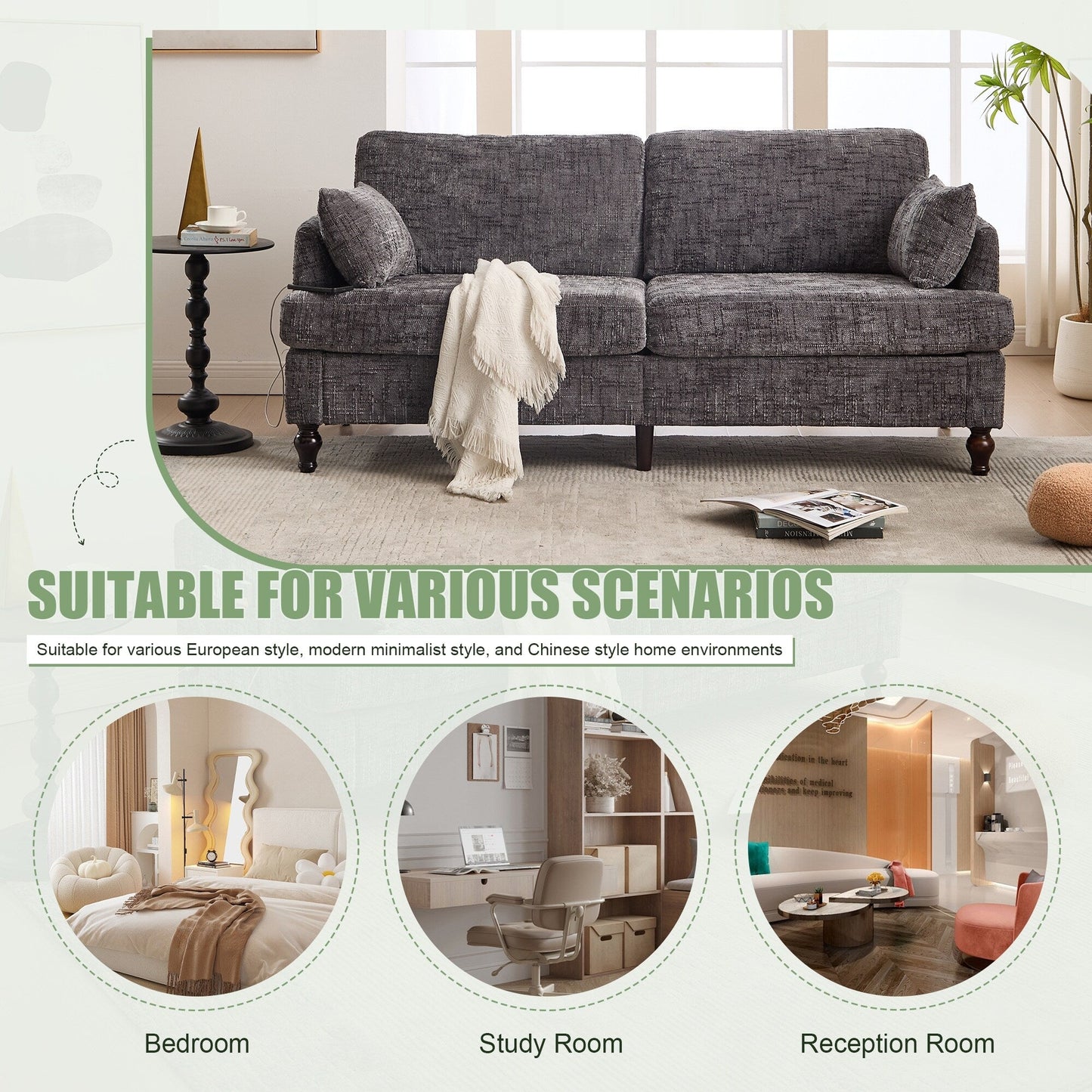 Divano moderno a 2 posti in ciniglia con gambe in legno, luce a LED, porta di ricarica USB e borsa portaoggetti, per soggiorno, camera da letto, studio