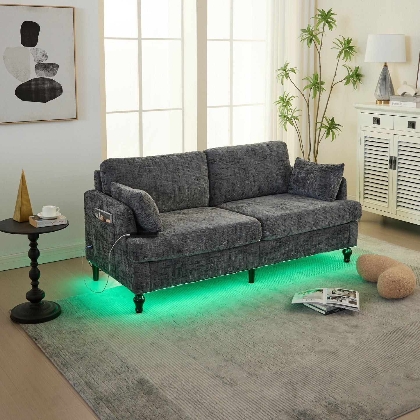 Divano moderno a 2 posti in ciniglia con gambe in legno, luce a LED, porta di ricarica USB e borsa portaoggetti, per soggiorno, camera da letto, studio